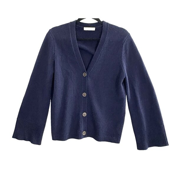 VEN STORE Women Cashmere Sweater Sz S Blue Button Front Wide Sleeves Modern 75-4 - Picture 1 of 8